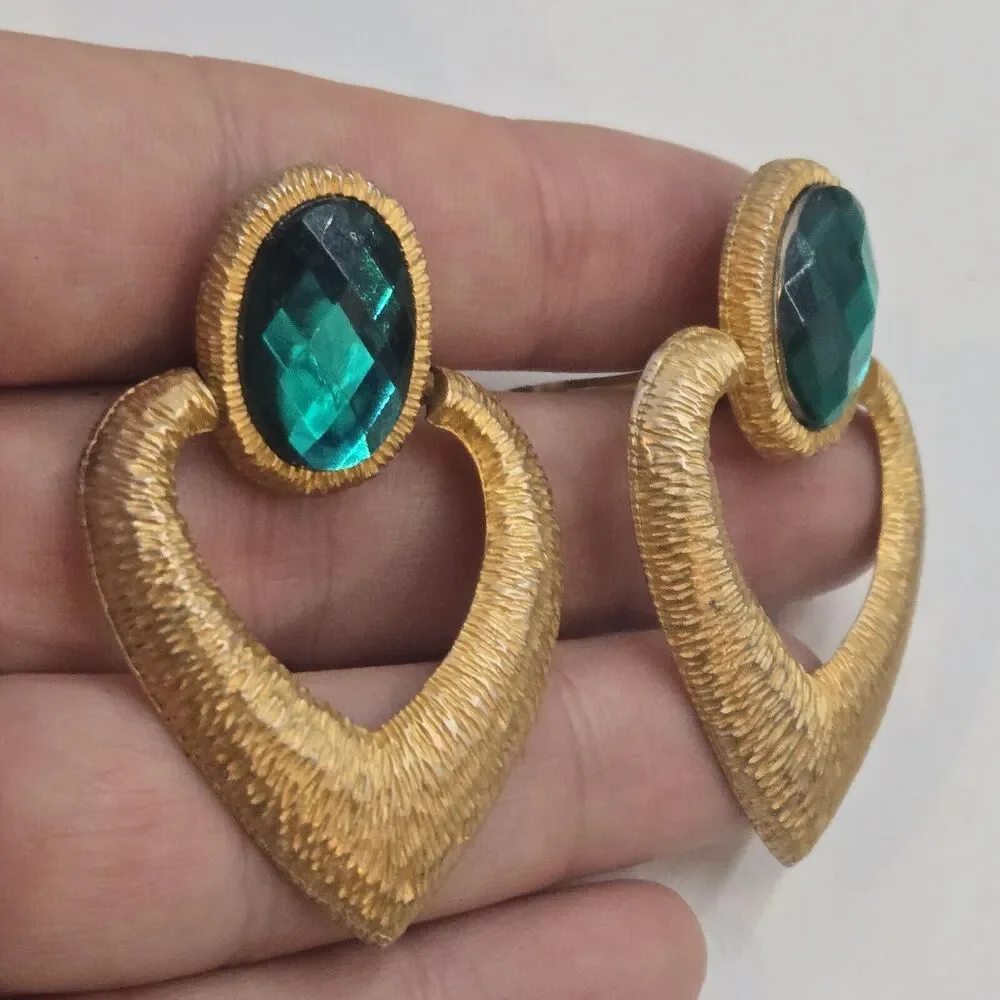 Vintage Emerald Green Designer Style Doorknocker Rhinestone Dangle Earrings 2”